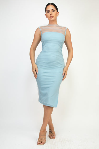 tulle overlay sleeveless midi dress