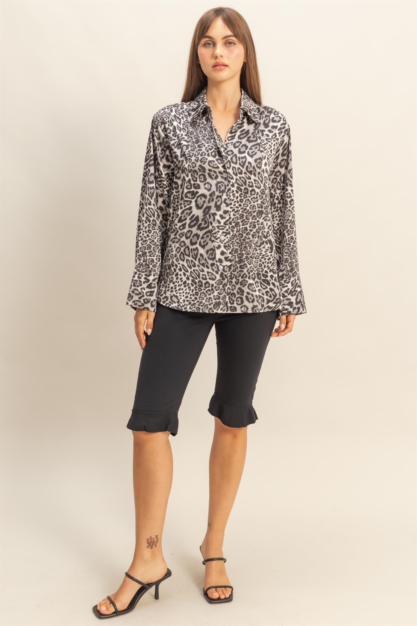 Leopard Print Satin Button-up Shirt