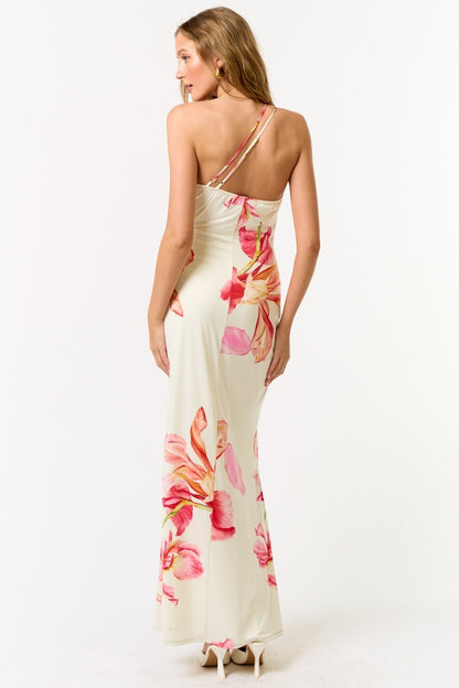 Floral Cowl Neck One Shoulder Maxi Dress