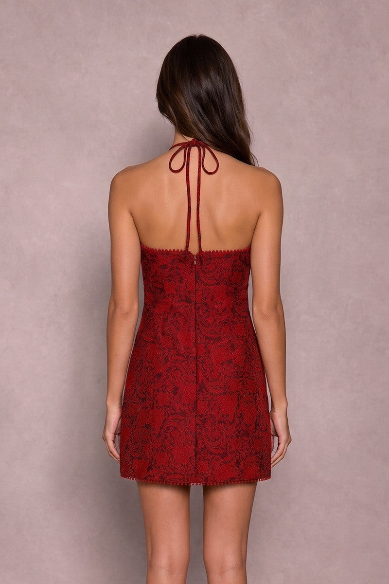 Halter Neck Floral Jacquard Sleeveless Dress