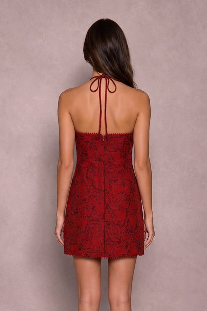 Halter Neck Floral Jacquard Sleeveless Dress