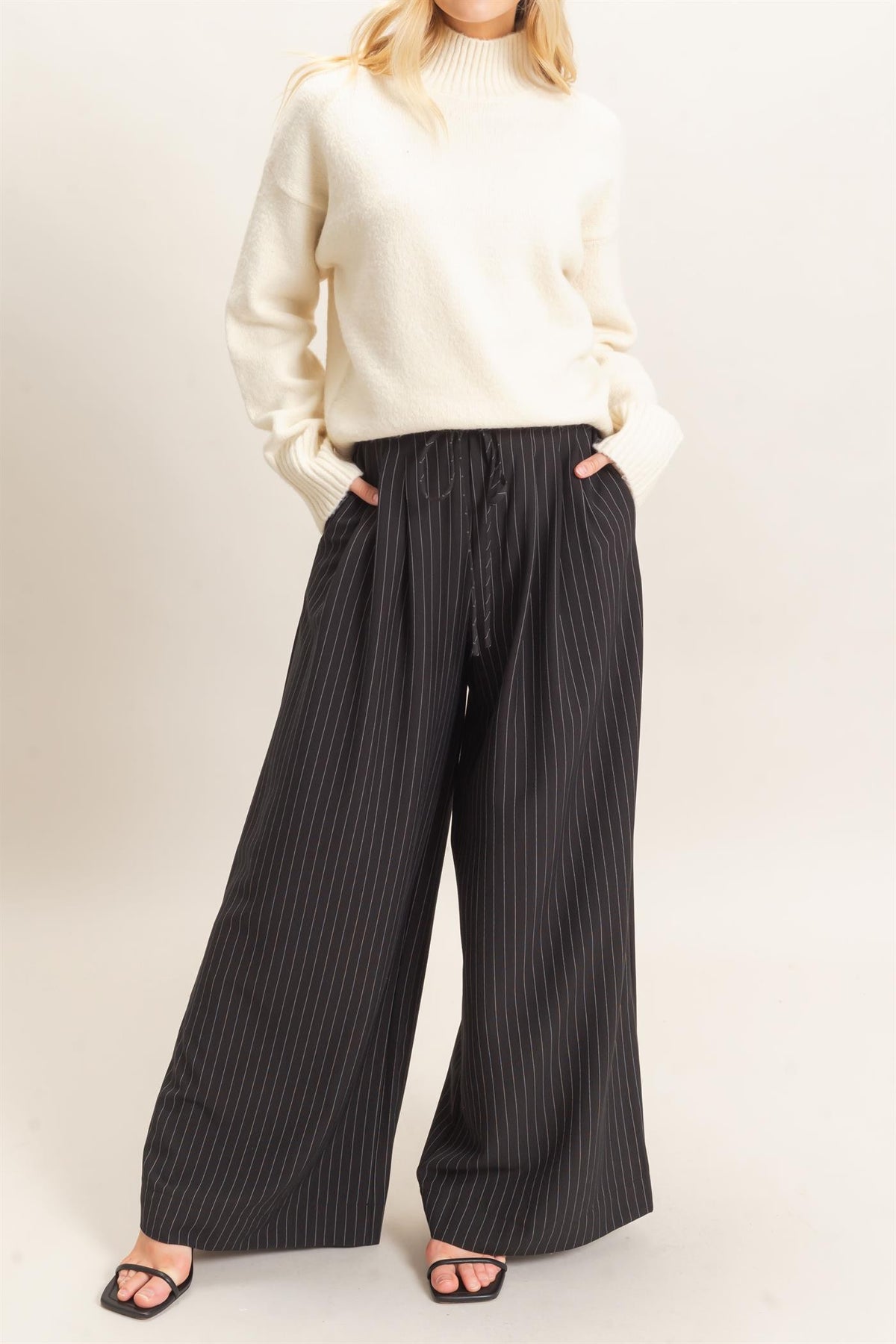 Drawstring Pleated High Waist Wide-leg Pants