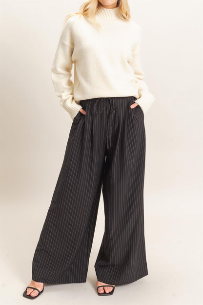 Drawstring Pleated High Waist Wide-leg Pants