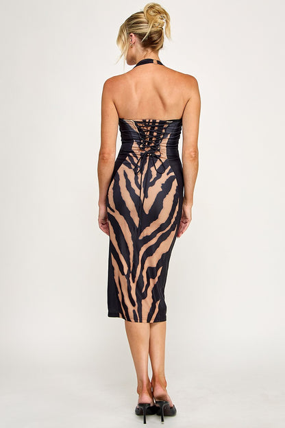 Scuba Tiger Corset Halter Sleeveless Midi Dress