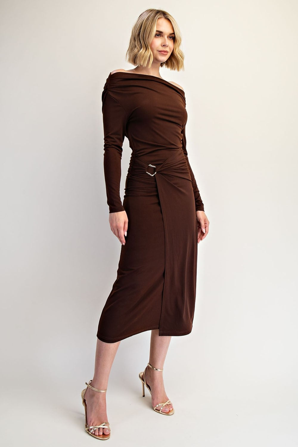Off The Shoulder Metal Buckled Draped Long Sleeve Midi Dress