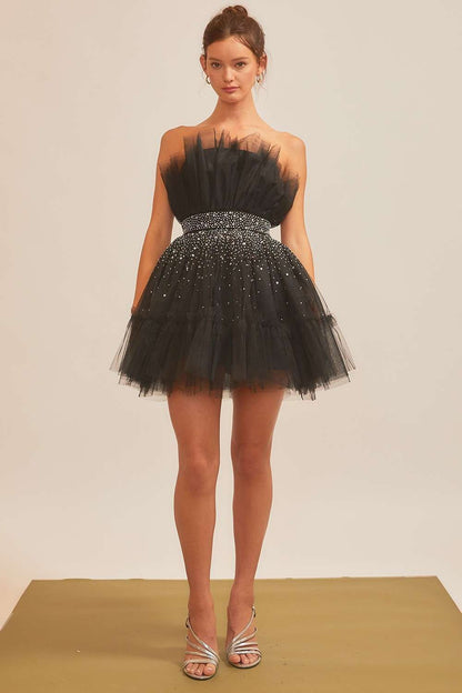 Strapless Tulle Rhinestones Trim Mini Dress