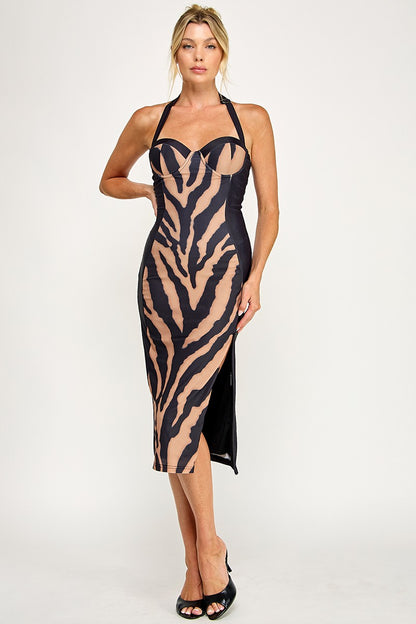 Scuba Tiger Corset Halter Sleeveless Midi Dress