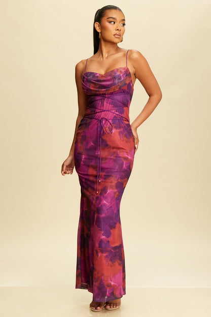 abstract floral mesh maxi dress