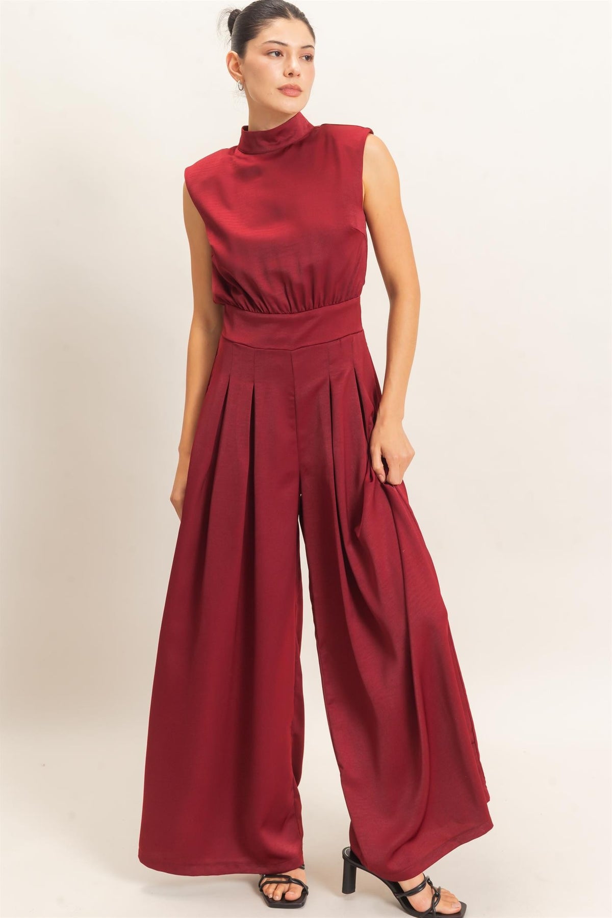 Sleeveless Mock Neck Wide Leg Jumpsuit