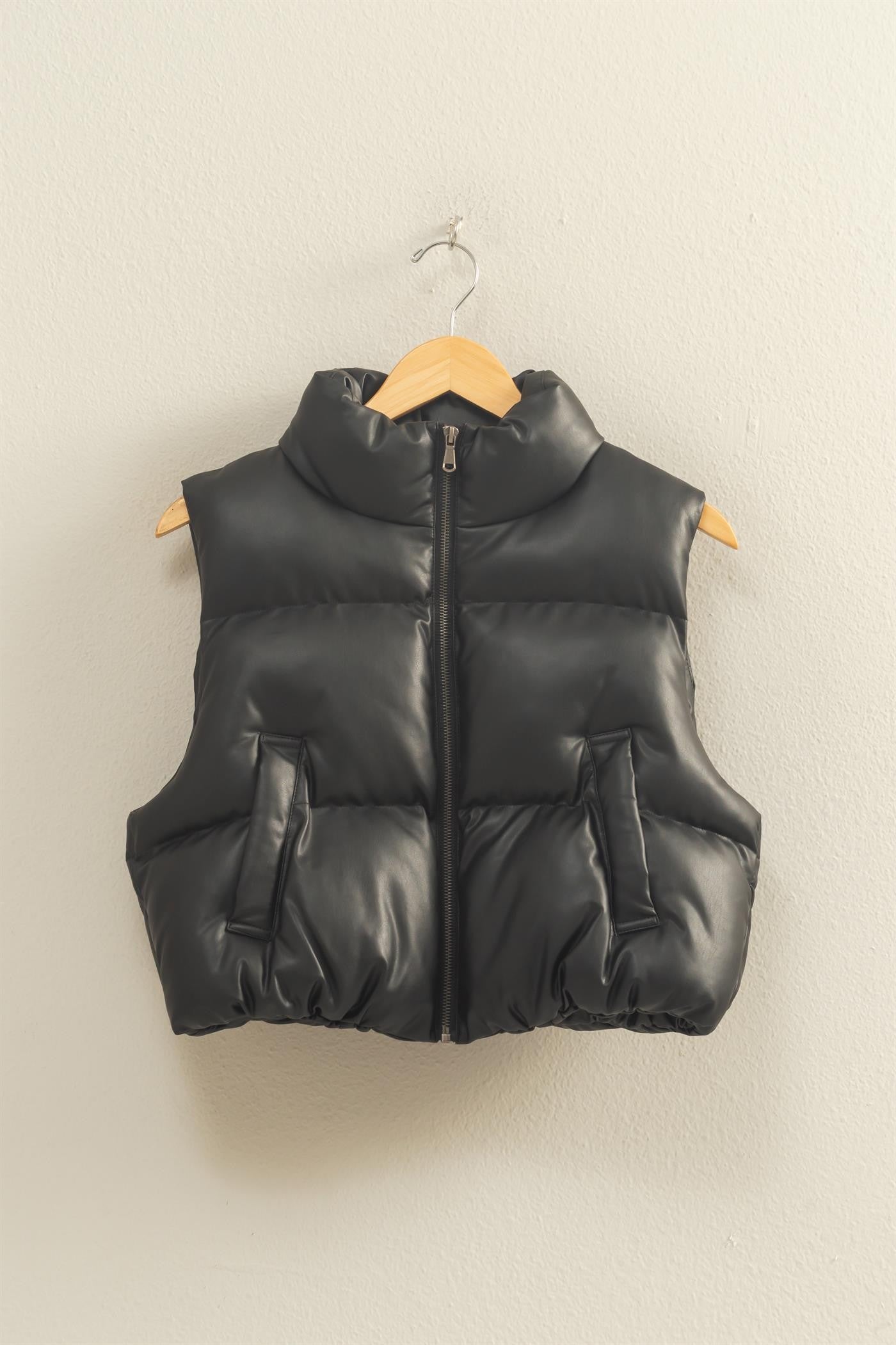 Faux Leather Cropped Puffer Vest