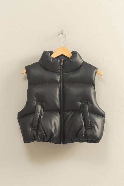 Faux Leather Cropped Puffer Vest