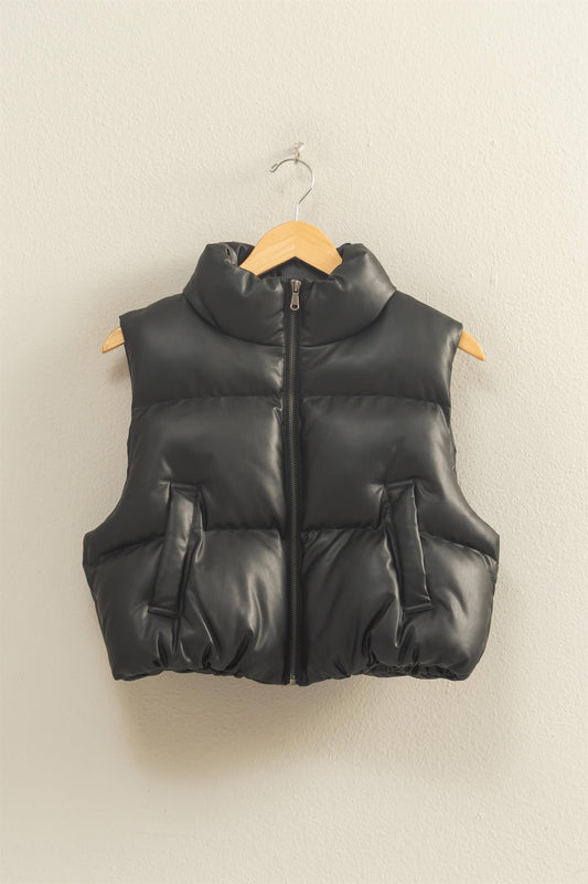 Faux Leather Cropped Puffer Vest