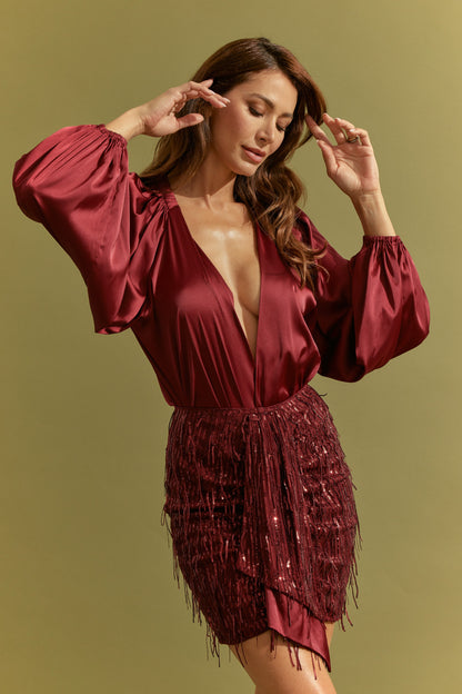 2pc set- Satin Bodysuit & Sequin Mesh Mini Skirt