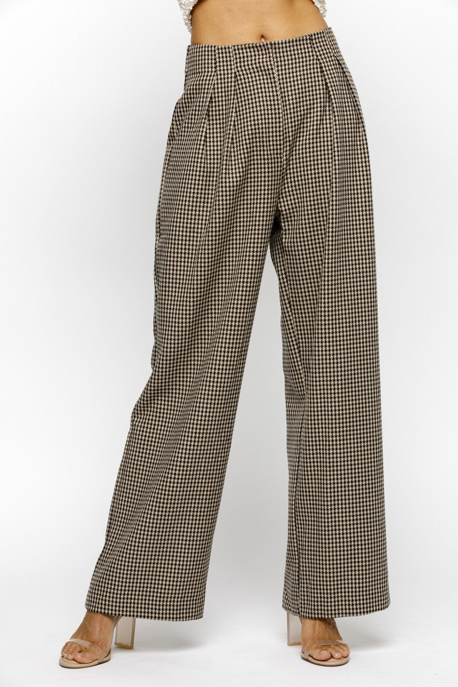 pleated houndstooth high waist wide leg pants