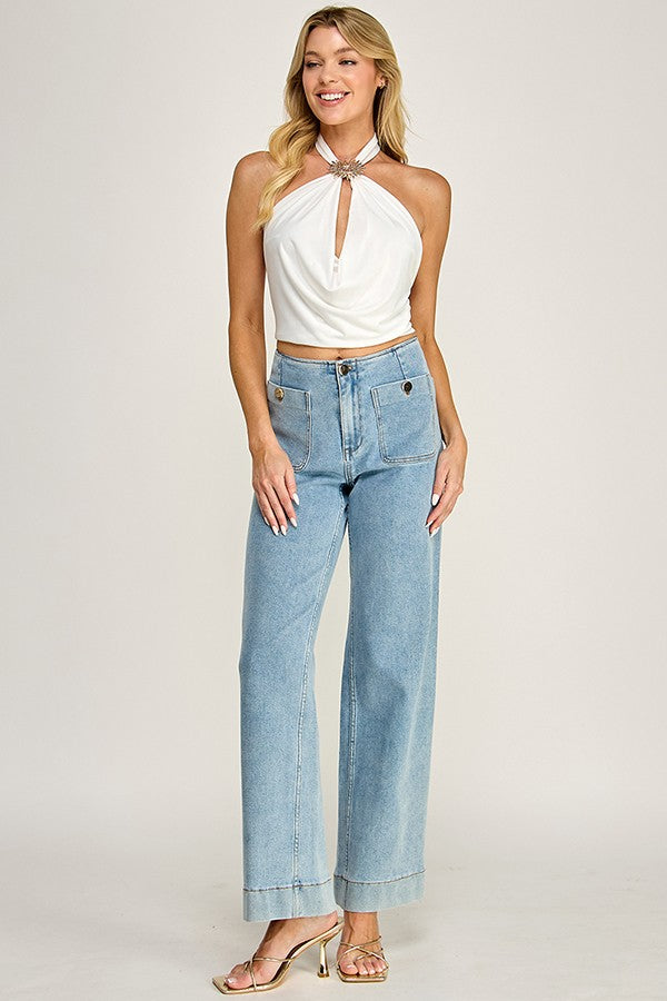 Jersey Halter Cowl Neck Open Back Top