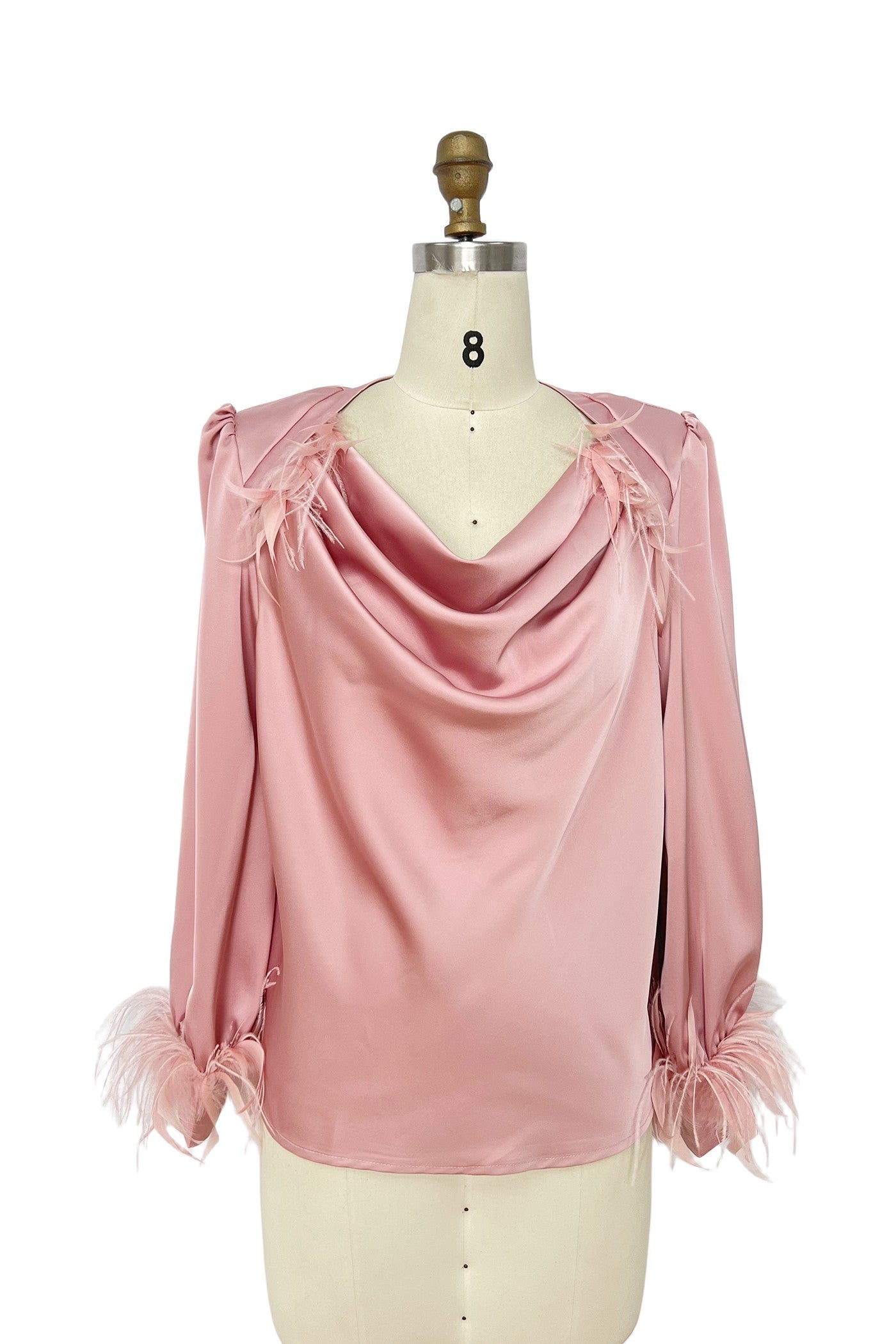 Feather Trim Draped Satin Long Sleeve Blouse