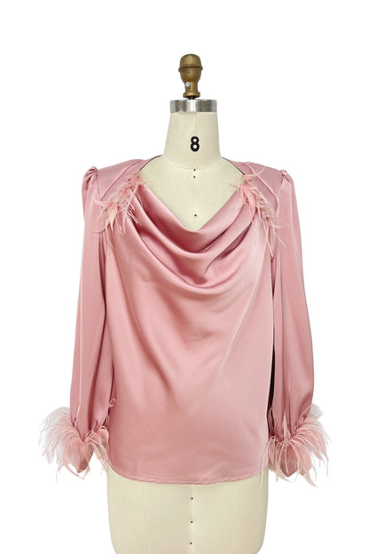 Feather Trim Draped Satin Long Sleeve Blouse