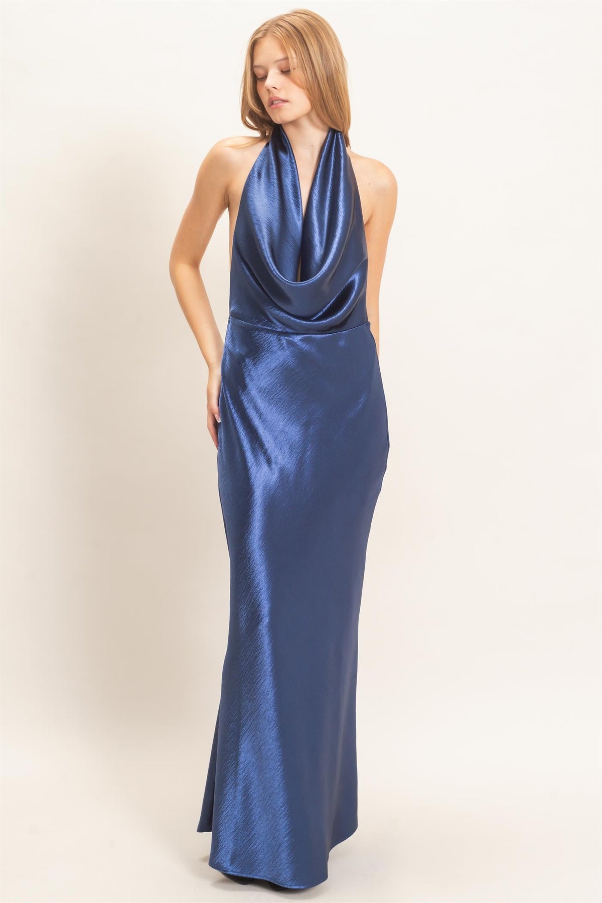 Satin Cowl Neck Halter Maxi Dress