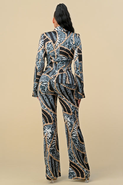 Conjunto de 2 piezas: blazer con estampado de cadenas de leopardo y traje de pantalón