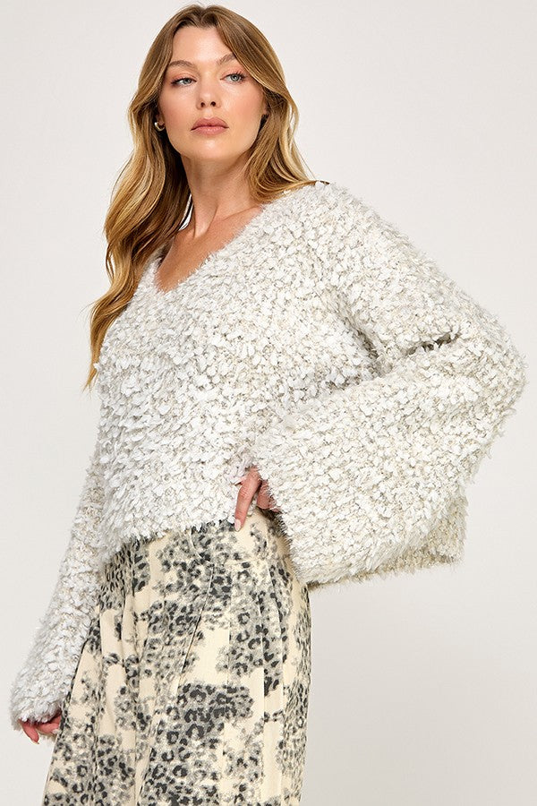 Textured Long-sleeve Fuzzy Sweater