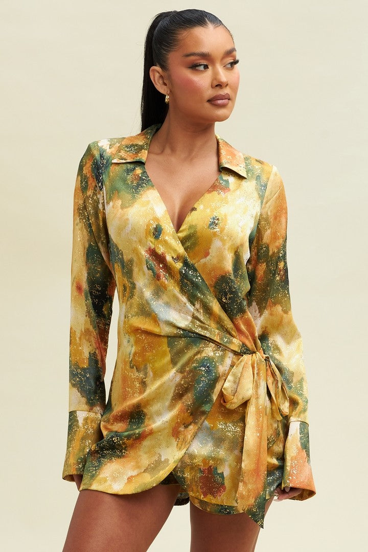 abstract print metallic wrap romper