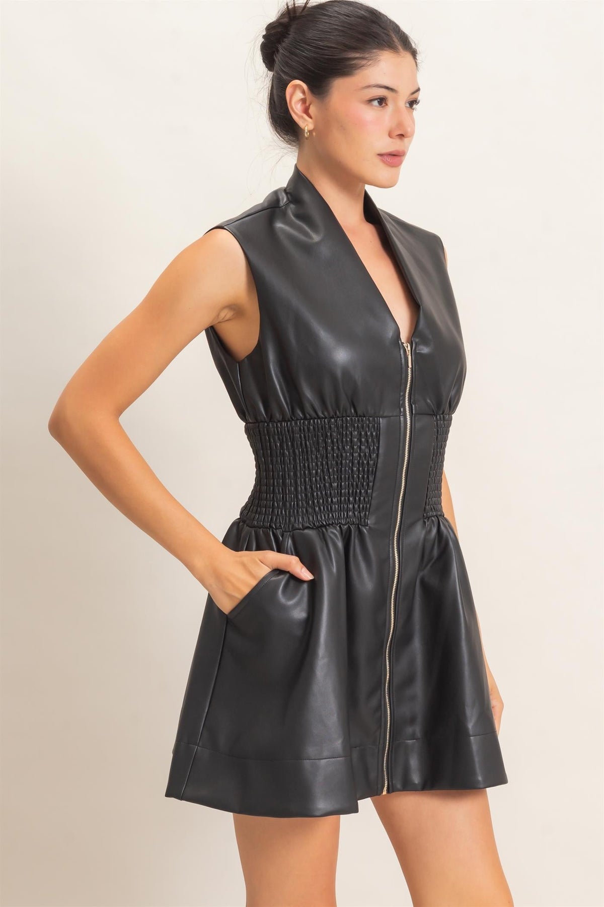 Faux Leather Zip Front Sleeveless Dress