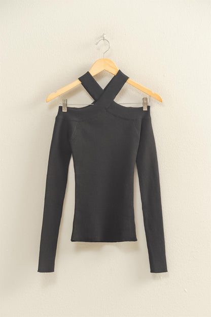 Ribbed Knit Halter Off The Shoulder Top