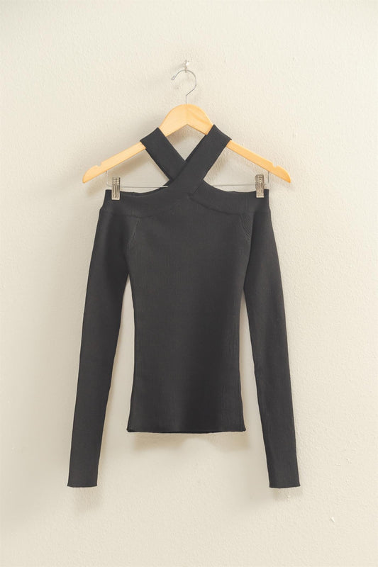 Ribbed Knit Halter Off The Shoulder Top