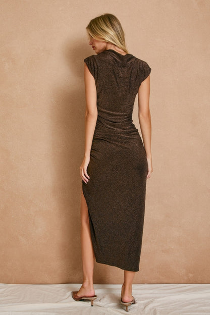 Mock Neck Cap Sleeve Midi Slit Dress