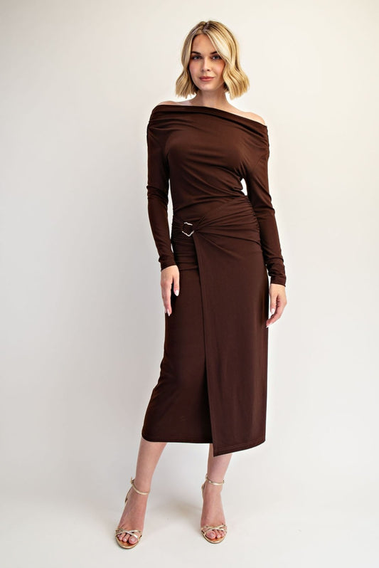 Off The Shoulder Metal Buckled Draped Long Sleeve Midi Dress