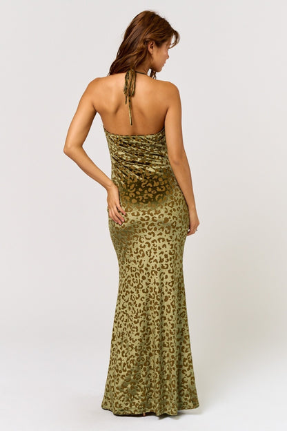 leopard burn out velvet cowl neck halter maxi dress