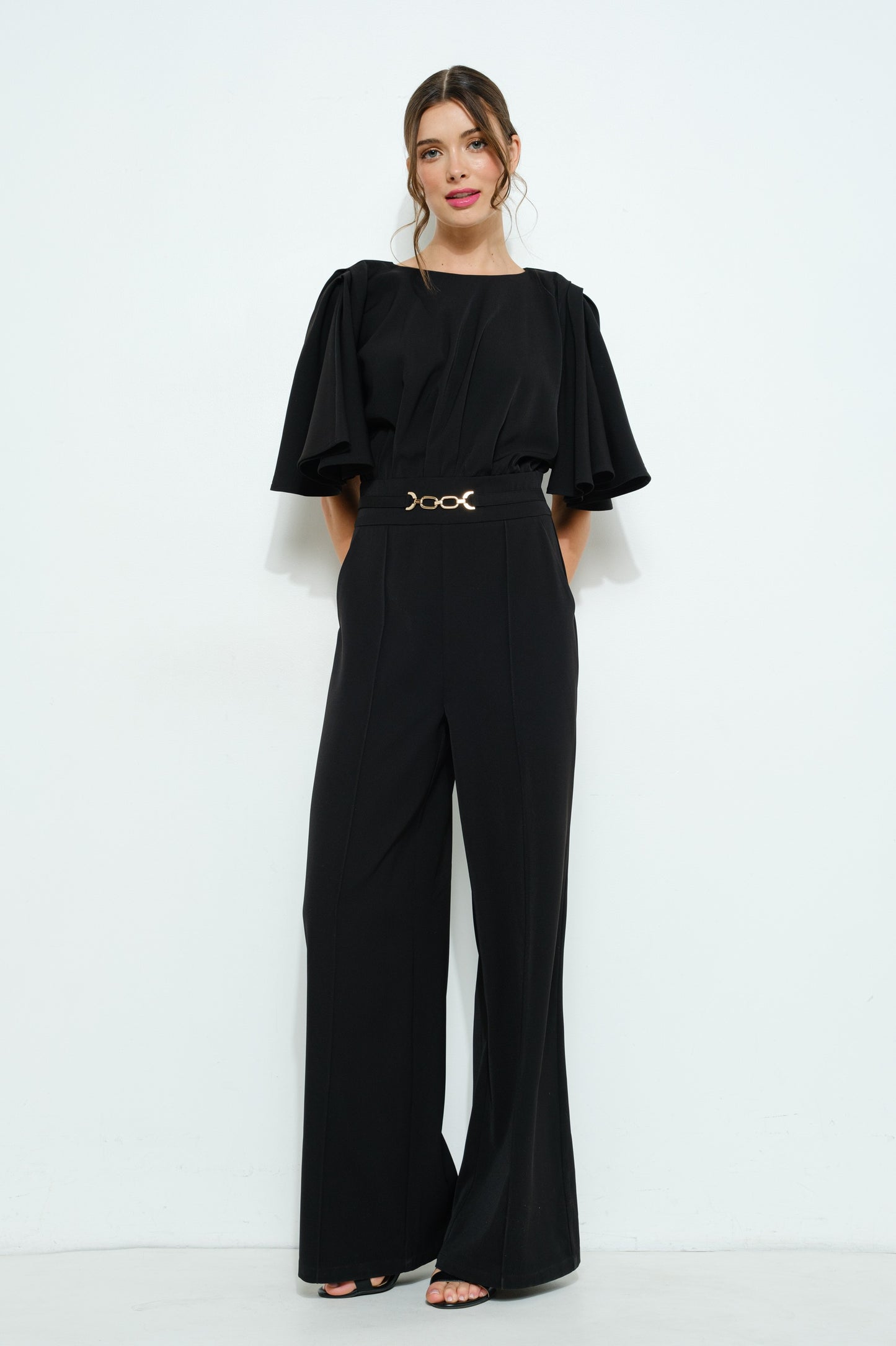 Flutter Kimono Sleeve Buckle Detail Wide Jumpsuit