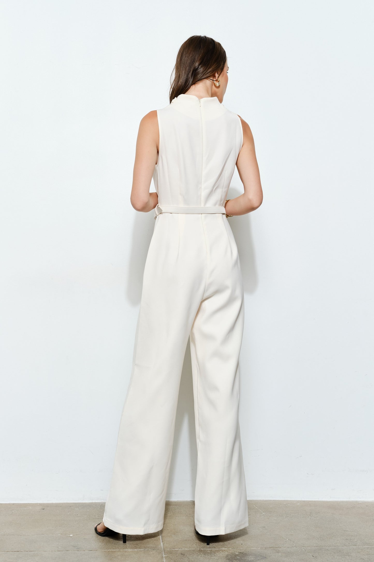 Asymmetric Draped Belted Sleeveless Jumpsuit