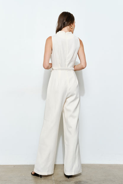 Asymmetric Draped Belted Sleeveless Jumpsuit