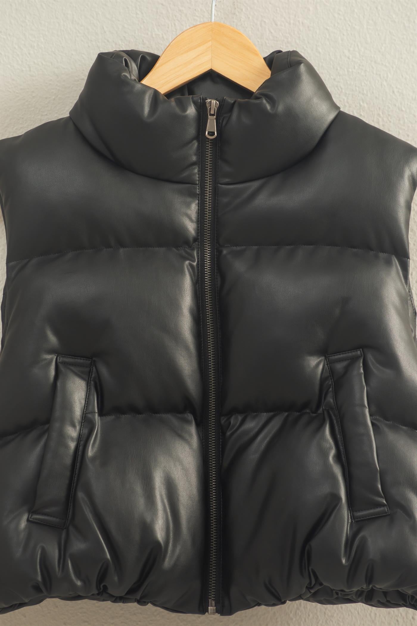 Faux Leather Cropped Puffer Vest