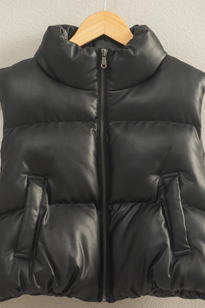 Faux Leather Cropped Puffer Vest