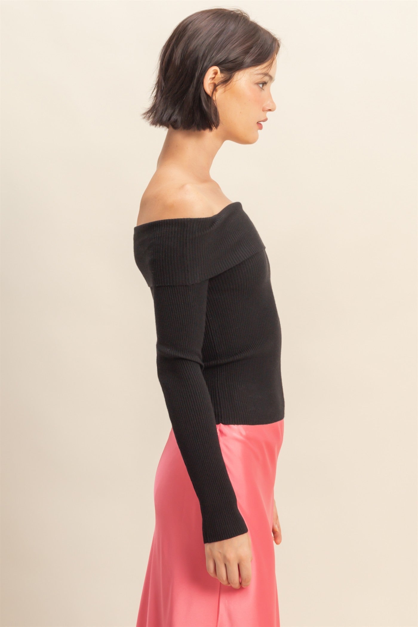 Fold over Neck Off The Shoulder Ribbed Long Sleeve Knit Top