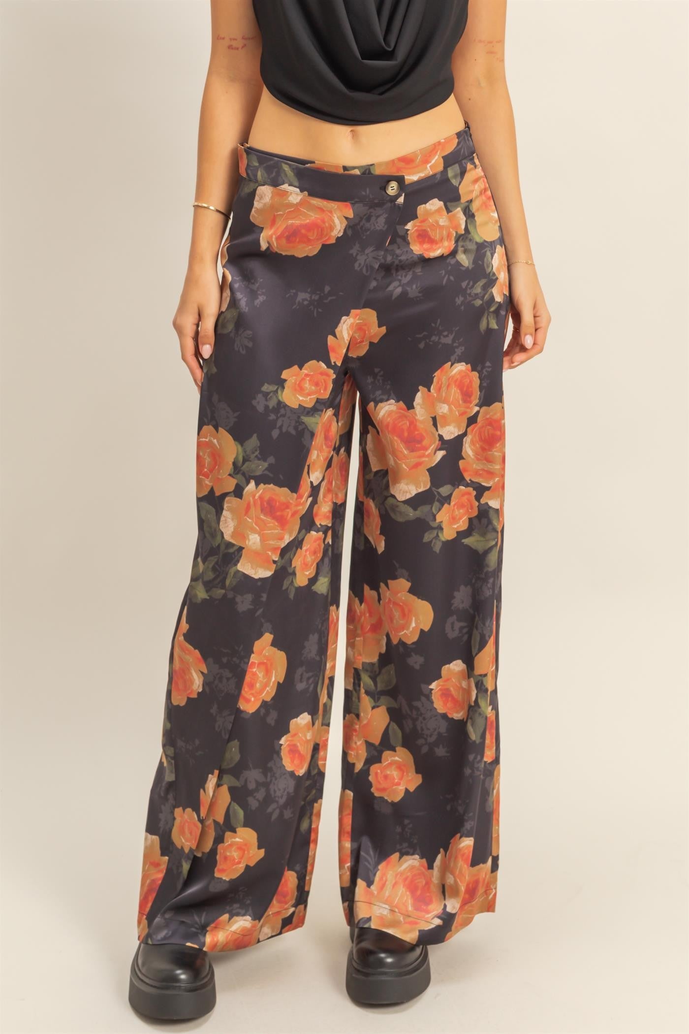 floral satin wide leg pants