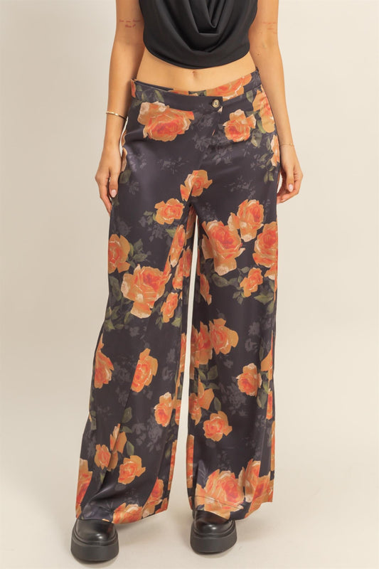 floral satin wide leg pants