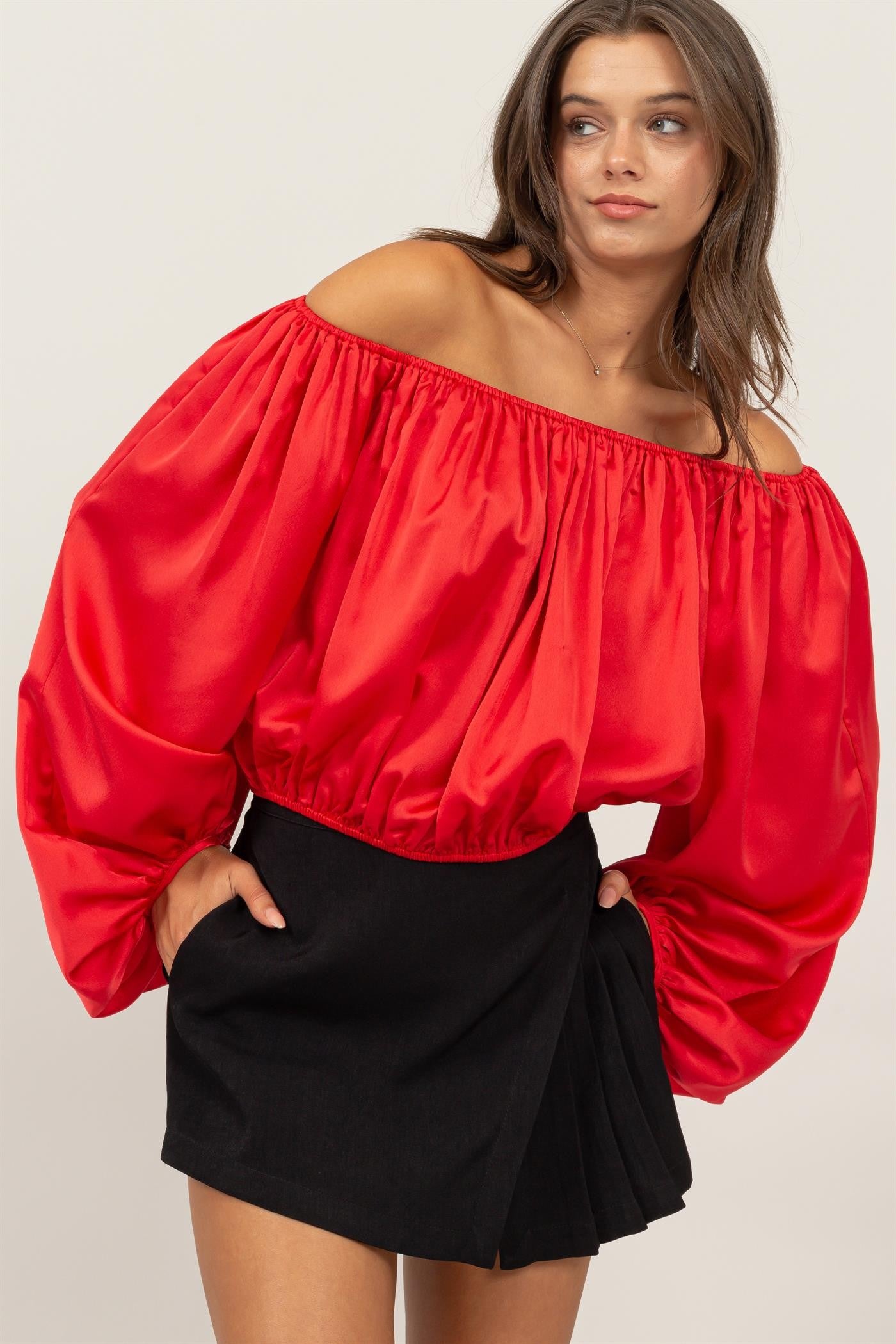 satin off the shoulder balloon sleeve top