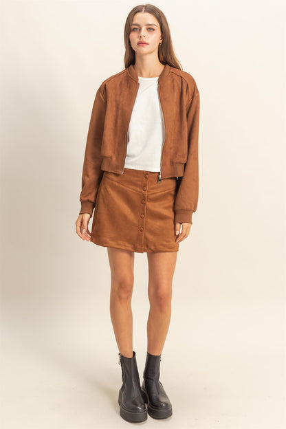 Button-front Suede Mini Skirt