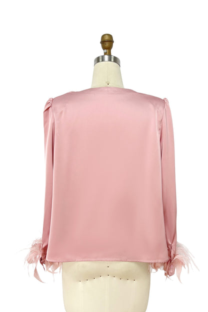 Feather Trim Draped Satin Long Sleeve Blouse