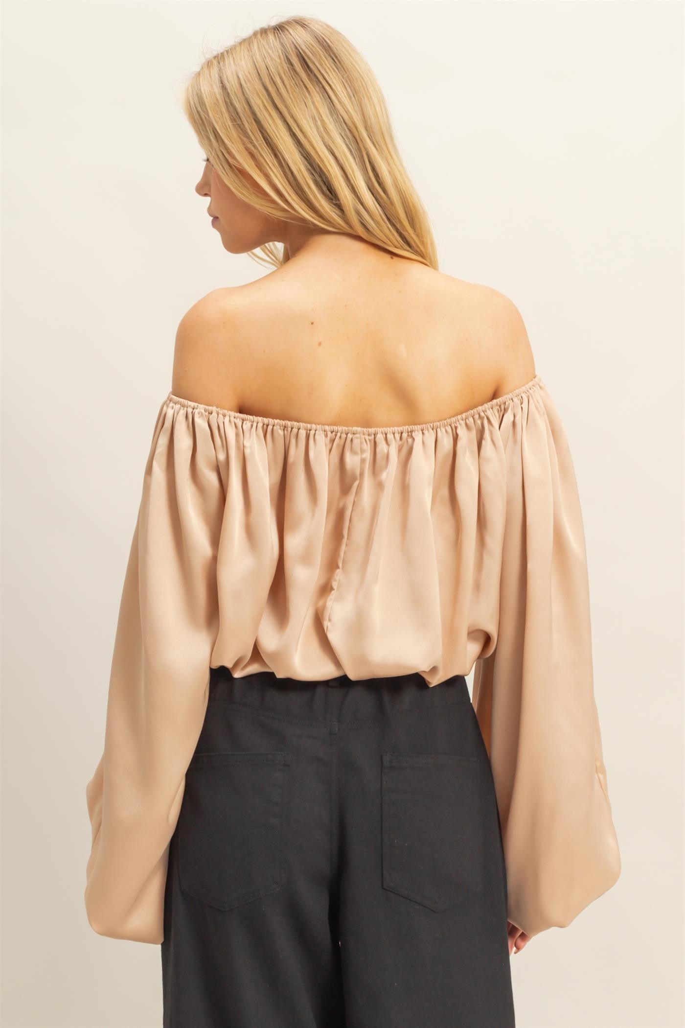 Balloon Sleeve Off the Shoulder Satin Blouse