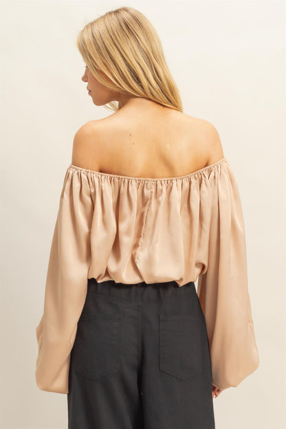 Balloon Sleeve Off the Shoulder Satin Blouse