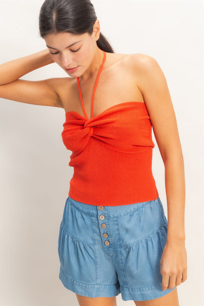 Ribbed Halter Top With Twist