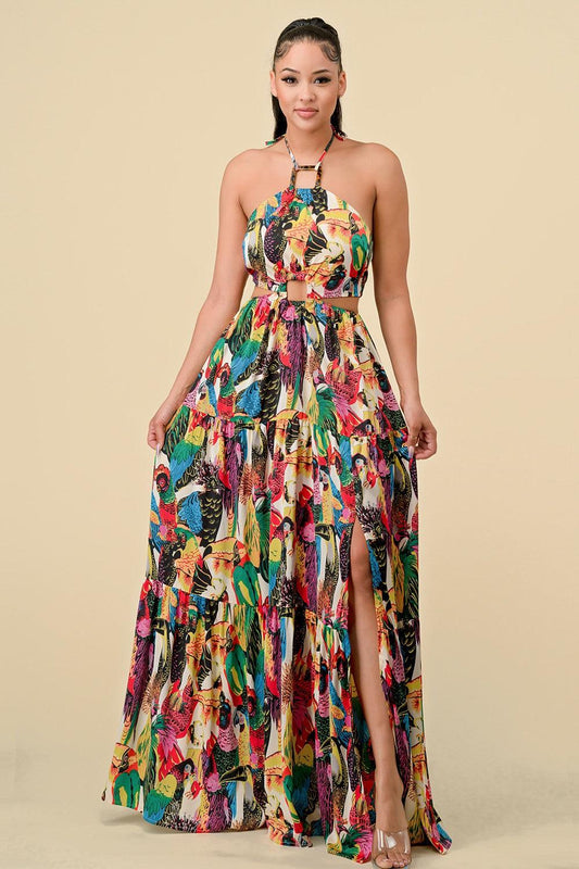 parrot print cut out halter maxi dress - RK Collections Boutique