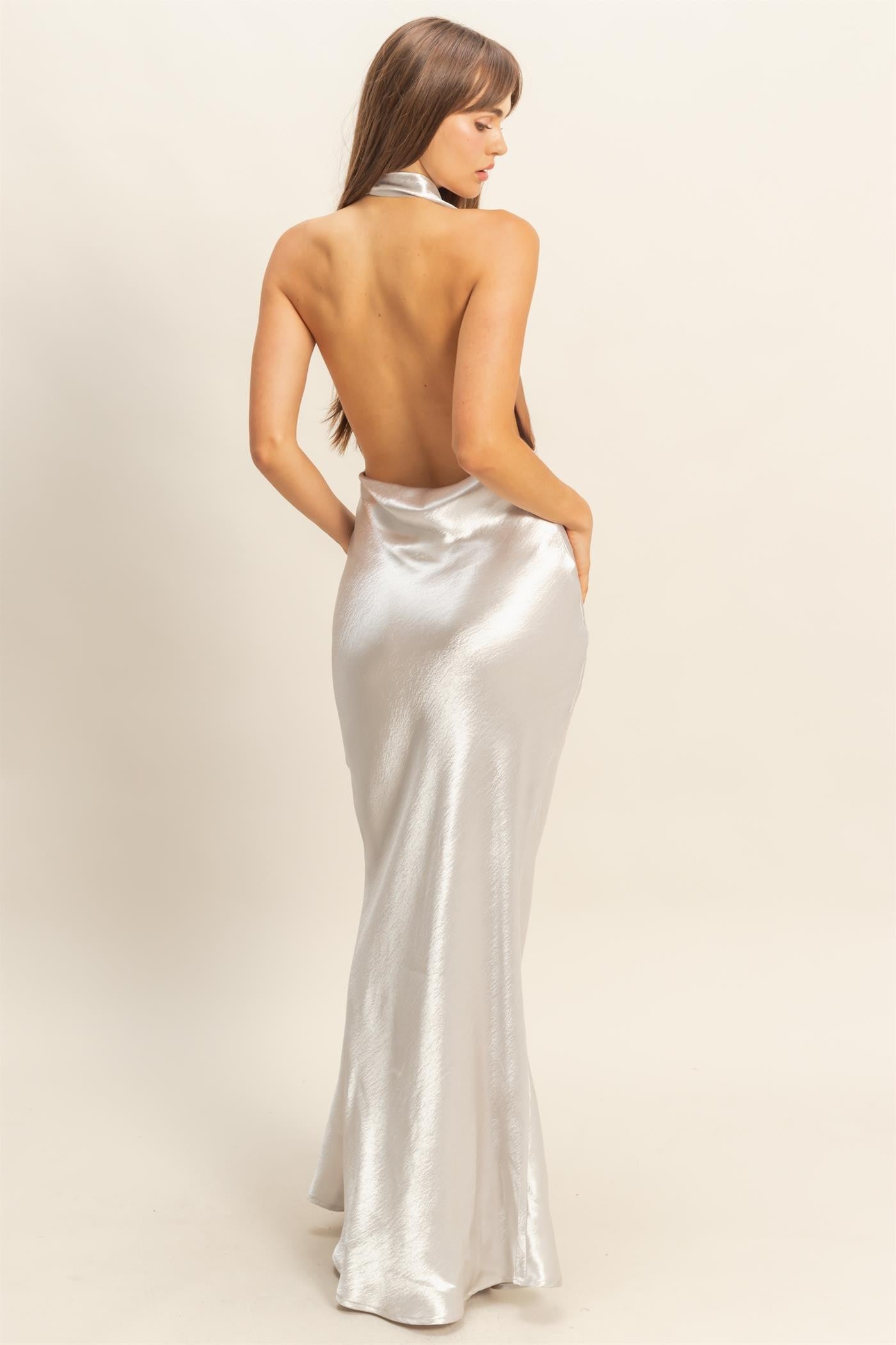 Drape Neck Sleeveless Satin Maxi Dress