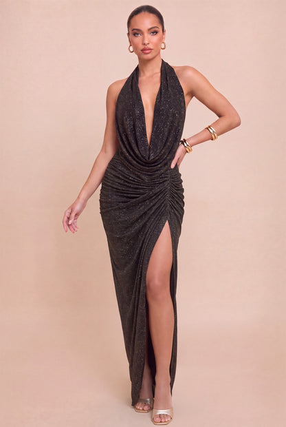mesh glitter cowl halter low back maxi dress