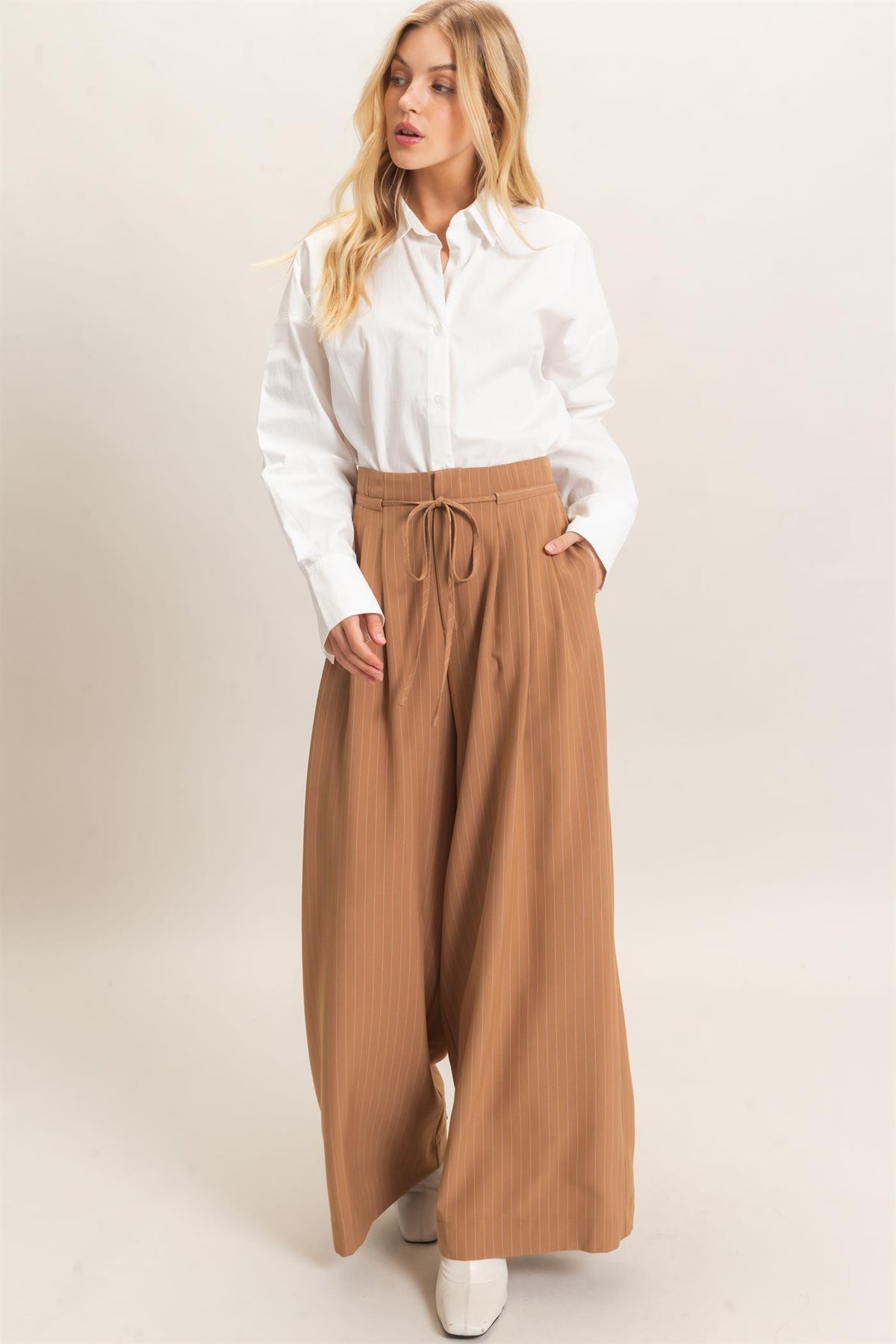 Drawstring Pleated High Waist Wide-leg Pants
