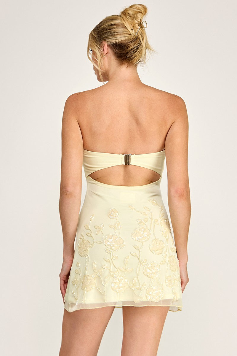 YELLOW MESH STRAPLESS CUT OUT BACK MINI DRESS Medium